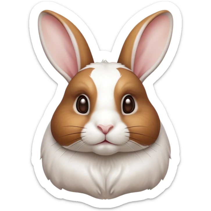 Cinematic Noble White and Brown Rabbit Portrait Emoji, Poised and regal, with a balanced, compact build and a beautifully patterned fur of pristine white accented by rich brown patches, long, alert ears and deep-set soulful eyes, Simplified yet sharp and sophisticated features, highly detailed, glowing with a soft, dignified glow, high shine, intelligent and gentle, stylized with an air of refined charm, focused and attentive, soft glowing outline, capturing the essence of a watchful and confident companion, so majestic it feels as though it could hop out of the screen with effortless authority! sticker