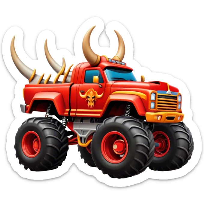 El Toro Loco - Monster Jam (Model Year: 2022) (Iconic colour: Red with horns) - An eye-catching monster truck with a wild, rebellious design in bold red. Include stylized, large horn graphics and aggressive facial elements that evoke a bull-like, ferocious appearance, exuding daring and unstoppable force. sticker