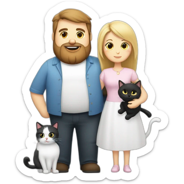 Family photo a fat husband with a beard is holding a white cat and wife with straight hair is holding another black cat sticker