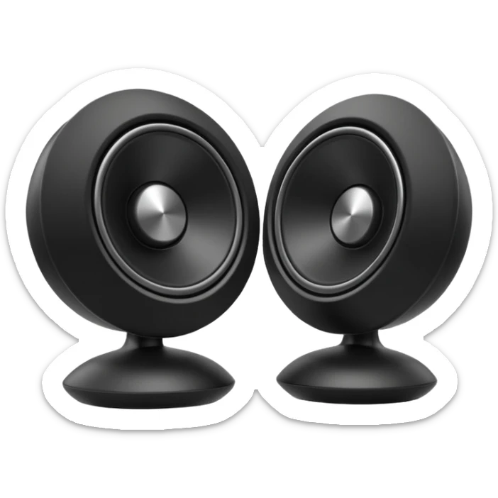 pair of speakers emoji, deep matte black metal body, circular speaker cones with subtle depth, smooth rounded edges, minimalistic futuristic 3D style, luxury aesthetic sticker