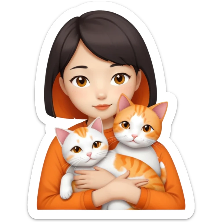 Oriental Asian girl with short bob haircut snuggling with an orange and white cat, cat is mostly white with orange patches, the girl is holding the cat lovingly sticker