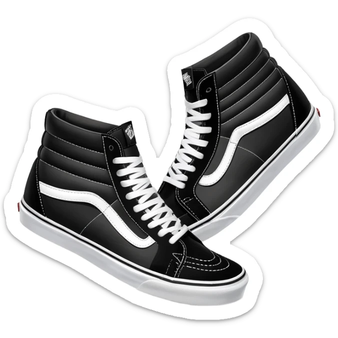 Black Vans Sk8-Hi high top shoes arranged as a pair with one slightly behind the other, classic black with white jazz stripe and white sole sticker
