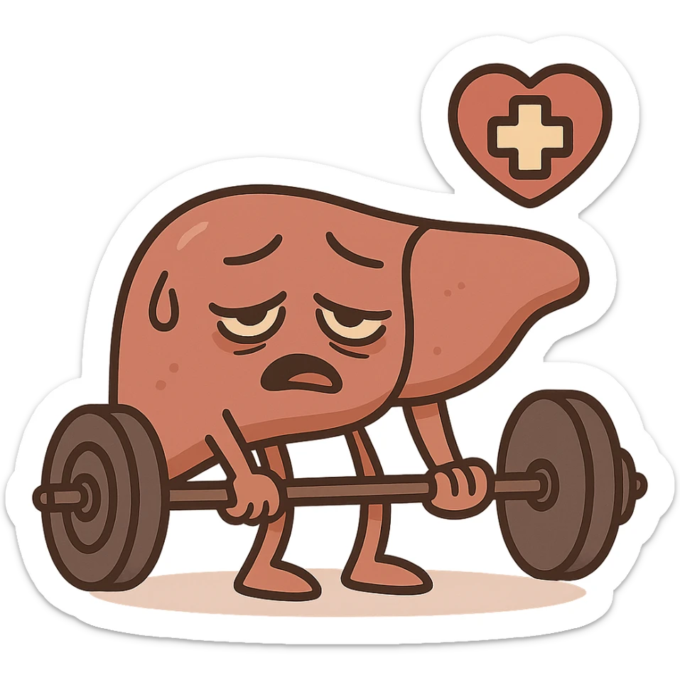 cartoon liver character with heavy weights, tired face, healthcare icon, soft red and brown palette sticker