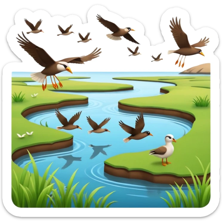 A 3D cartoon estuary with birds flying over shallow water and grassy banks, calm mood, Memoji-style realism. sticker