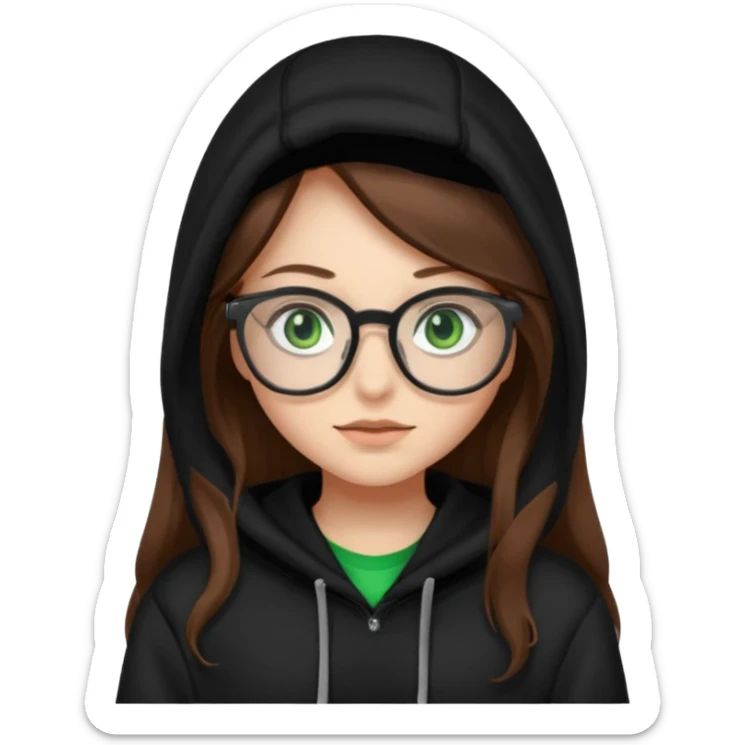 Girl with long brown hair, green eyes, glasses and a black hoodie on sticker