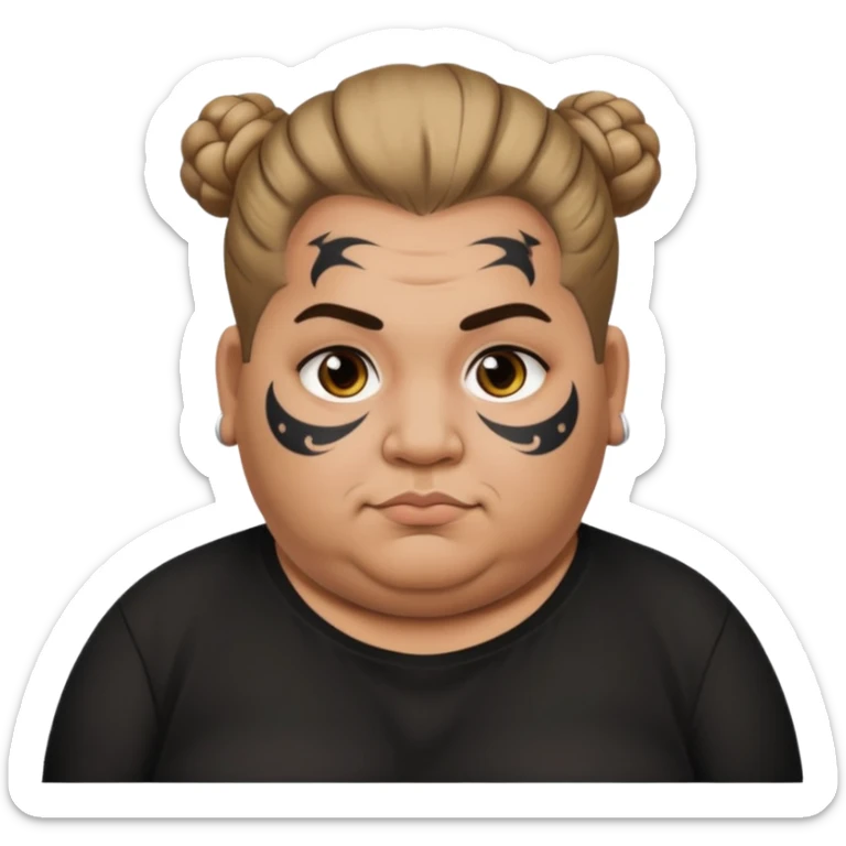 obese man with lots of face tattoo and hair bun sticker