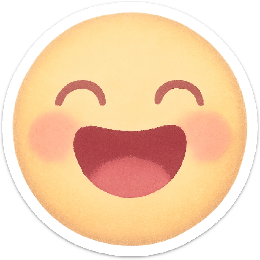 cute emoji, round face, eyes closed, big open-mouthed laugh, pastel yellow and pink sticker