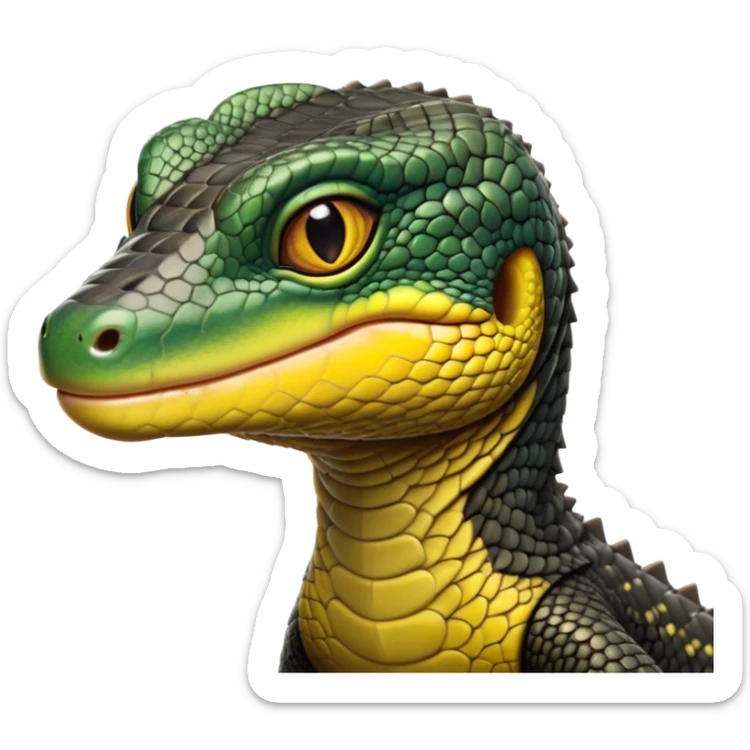 cinematic-realistic-cute-monitor-lizard-portrait-emoji,-head-tilted-playfully-and-inquisitively,-featuring-a-compact,-agile-body-with-finely-detailed,-glossy-scales-in-earthy-black and yellow-hues-and-a-distinct,-alert-face-with-bright,-curious-eyes, black , yellow spotted and green band  scales and a slender neck sticker