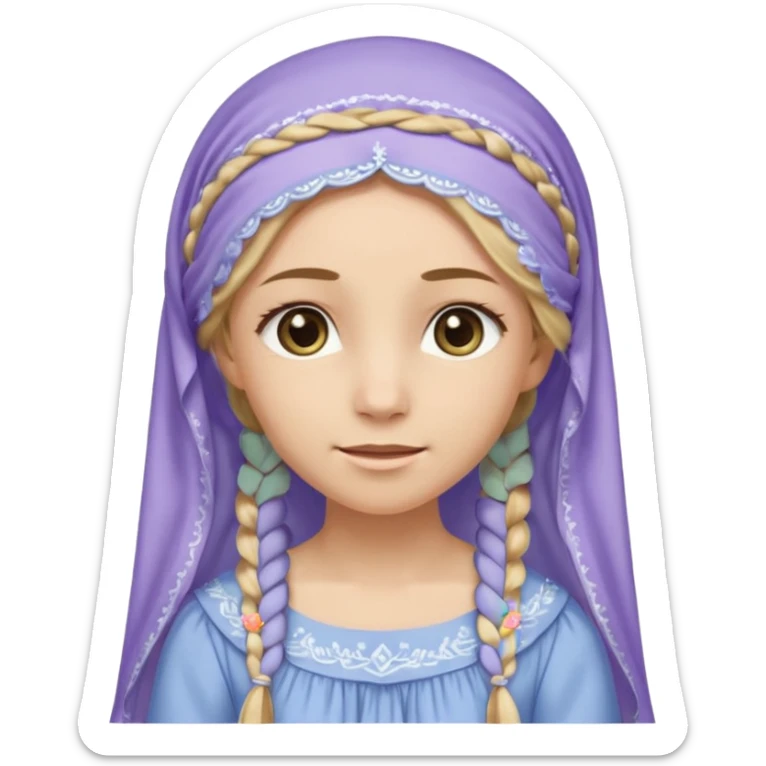 
mujer, Joven, de aspecto dulce y elegante.
Piel clara, ojos grandes y expresivos, sonrisa triste.
Rubio o castaño claro, largo, con trenzas o velo.
Vestido largo de tonos suaves (blanco, azul o lavanda), con bordados dorados; toca fina cubriendo la cabeza. cuerpo entero
 sticker