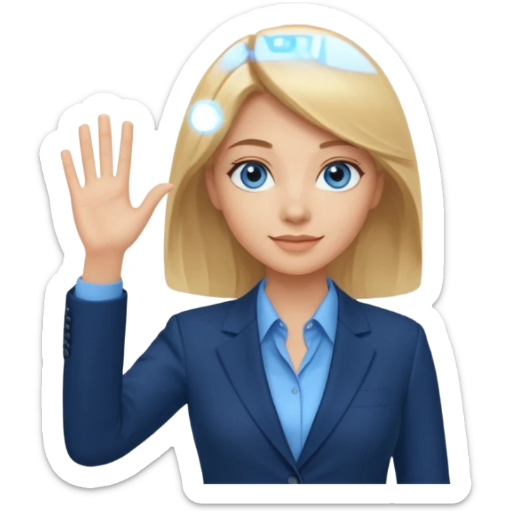 Make emoji of business woman with light skin and medium blonde hair in a dark blue business suit and light blue shirt waiving to new clients.  Woman should have sparkling blue eyes. sticker