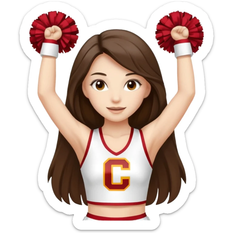 skinny white happy long haired brunette girl in a white USC cheerleader outfit with the letters USC sticker
