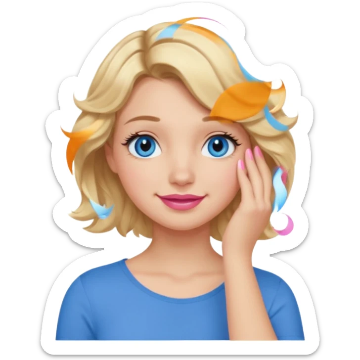 Girl Blonde short wavy hair,  blue eyes, cute blue top, long lashes, pink lips, smiling, 🤦🏻‍♀️ sticker