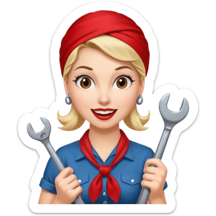 A 50ies housewife who is excited about working and is a powerwoman because she husstles a lot. A bit like the woman from Real Vintage Doll House. And the woman from We Can Do It!. Rockabilly vibe. Cartoonish perhaps? Help me :D sticker