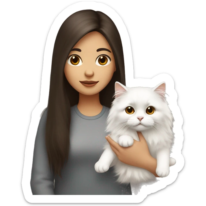 Dark brown straight hair girl with holding fluffy Siberian white cat  sticker