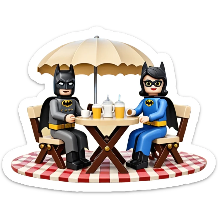 Ultra cute  Lego detailed 1854 Batman and pretty Catwoman dream horse drawn Caravan with picnic table and folding chairs alone at romantic afternoon (hot chocolate and cheeseburgers on the grill) sticker