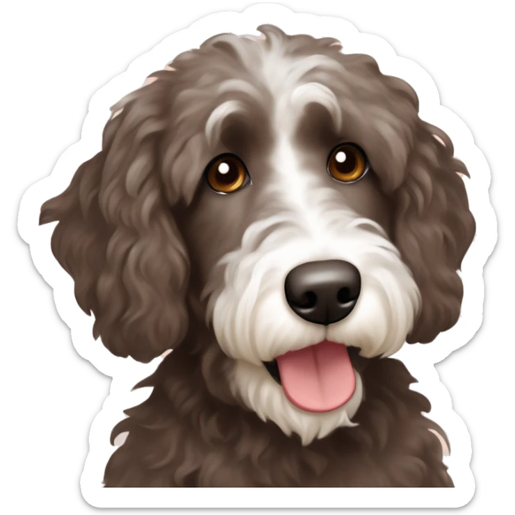 dark brown aussiedoodle with white hair around mouth and chest with liver colored nose  sticker