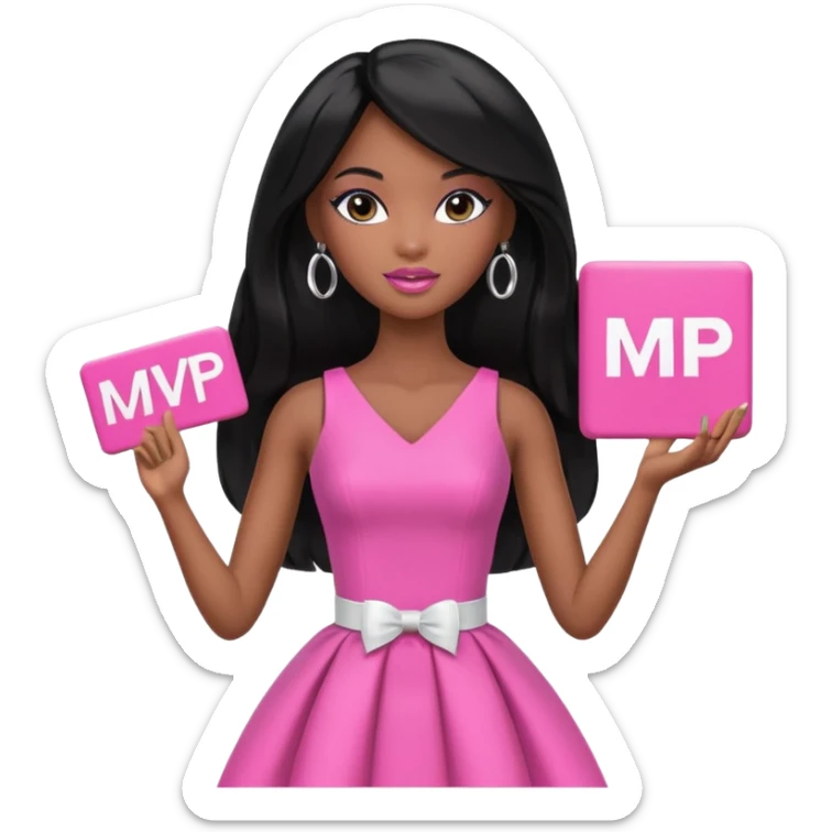 Black barbie, long black  hair, pink dress holding mvp sign  sticker