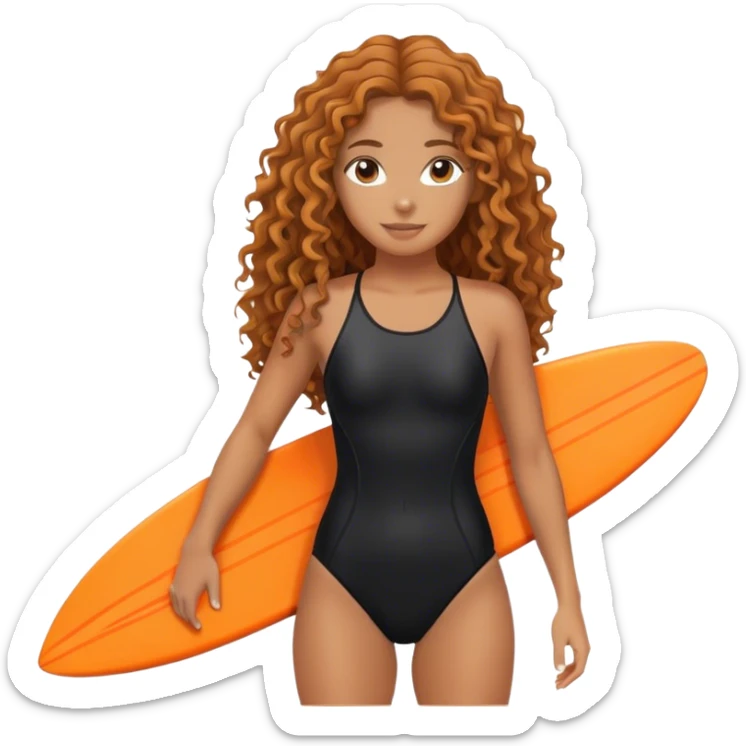 Surfer girl with black swimsuit and orange surfboard and long curly hair sticker