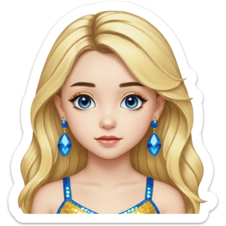 Sabrina Carpenter with long blonde hair, yellow sequin crop top, yellow earring, blue eye sticker