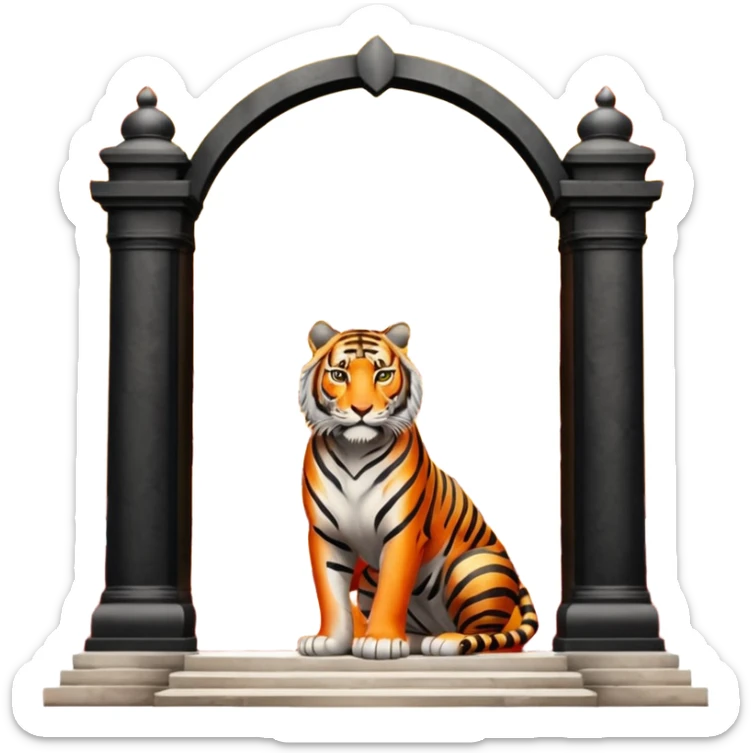 Traditional Chinese ink painting style emoji. A powerful tiger (like the ancient character 虎), standing guard in front of mystical gates (門). Energy swirls around him like a vortex (🌀). Minimalist, transparent background, 512x512 pixels. sticker