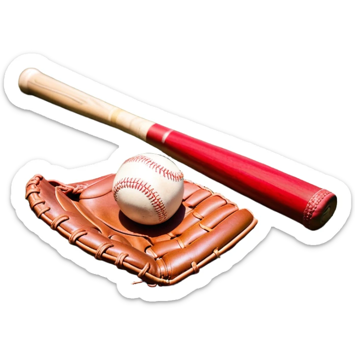 A baseball bat, ball, and glove placed on the grass of a baseball field, with the diamond and base lines clearly visible in the background. The scene captures the essence of the sport, with the equipment ready for action on the neatly marked field. sticker