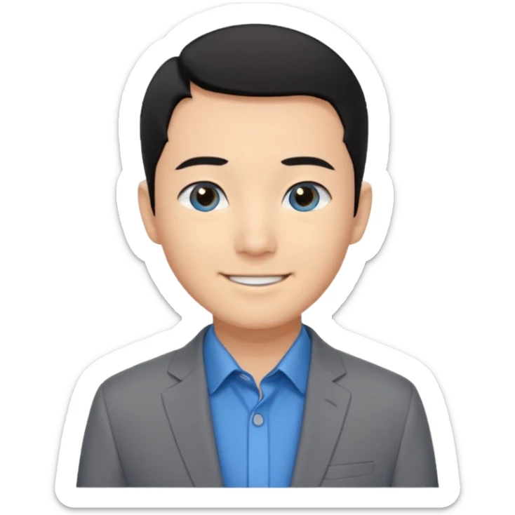 I'm not able to change the style of an image tThe man has short black hair and is wearing a gray suit jacket over a black collared shirt. He is standing in front of a white wall. The man's facial expression is smiling and he has asian type blue eyes. sticker