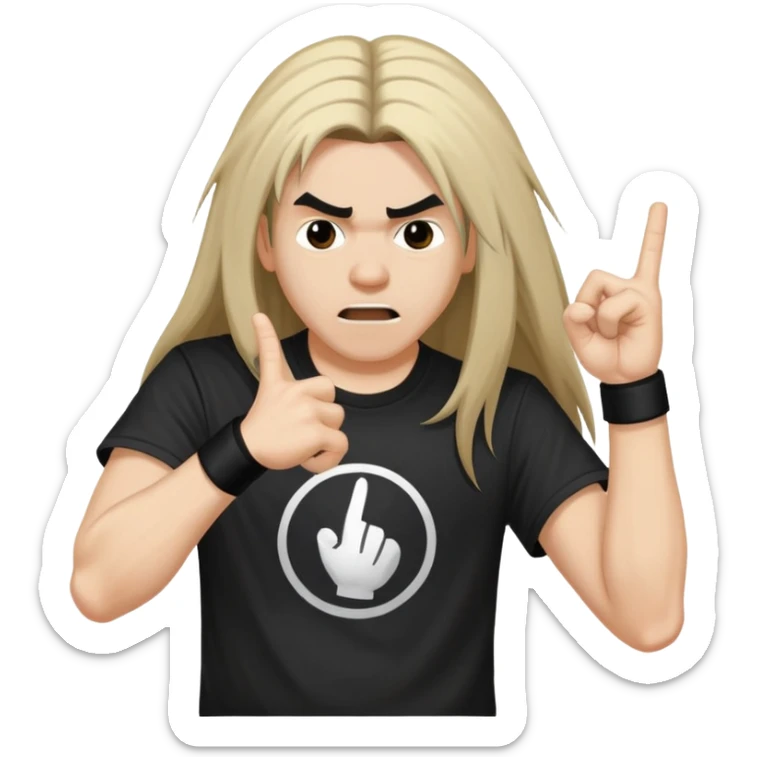 A person headbanging with long hair, wearing a black band t-shirt, making rock hand gesture sticker