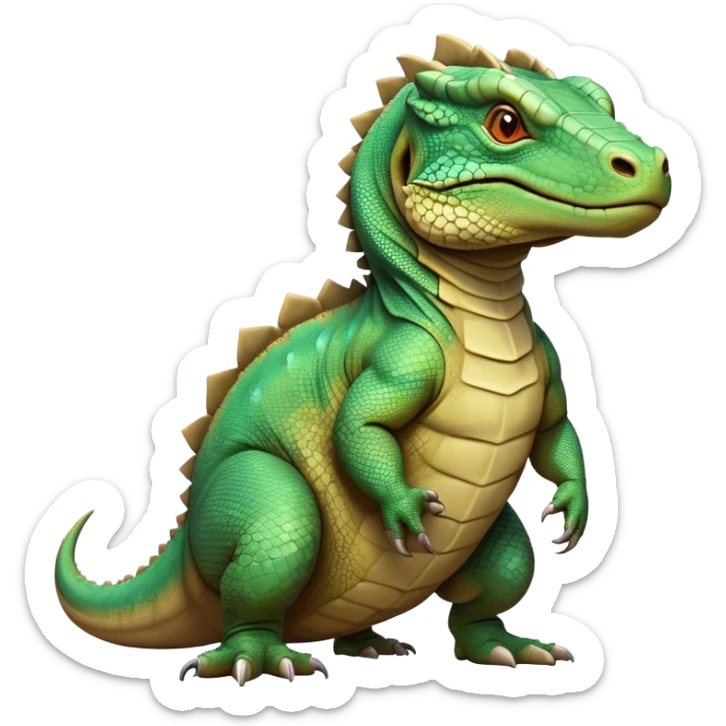 Cinematic Noble Komodo Dragon Lizard Portrait Emoji, Poised and regal, with a rugged, scaled body and powerful stance, deep-set intense eyes and textured, weathered skin, Simplified yet sharp and sophisticated features, highly detailed, glowing with a soft, ancient glow, high shine, intelligent and formidable, stylized with an air of primordial authority, focused and commanding, soft glowing outline, capturing the essence of a watchful and confident guardian that appears ready to stride out of the screen with timeless power! sticker