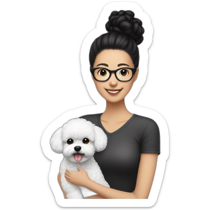 woman-black hair-bun-with glasses-with bichon dog-white-smile sticker