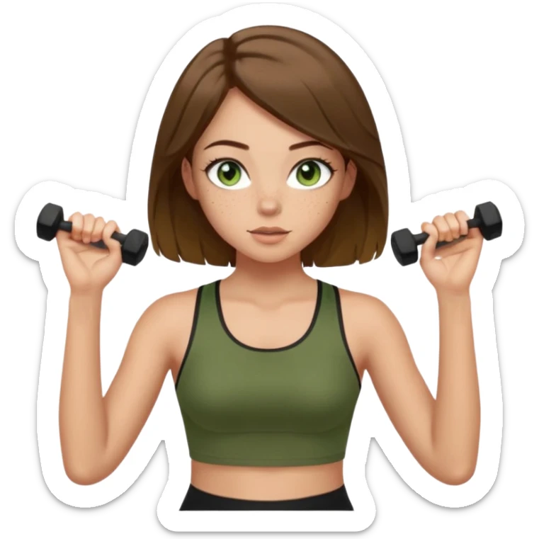 Girl with green eyes, brown hair shoulder length, light skin, and freckles wearing an olive green crop top with black leggings working out, she has light gorgeous lashes sticker