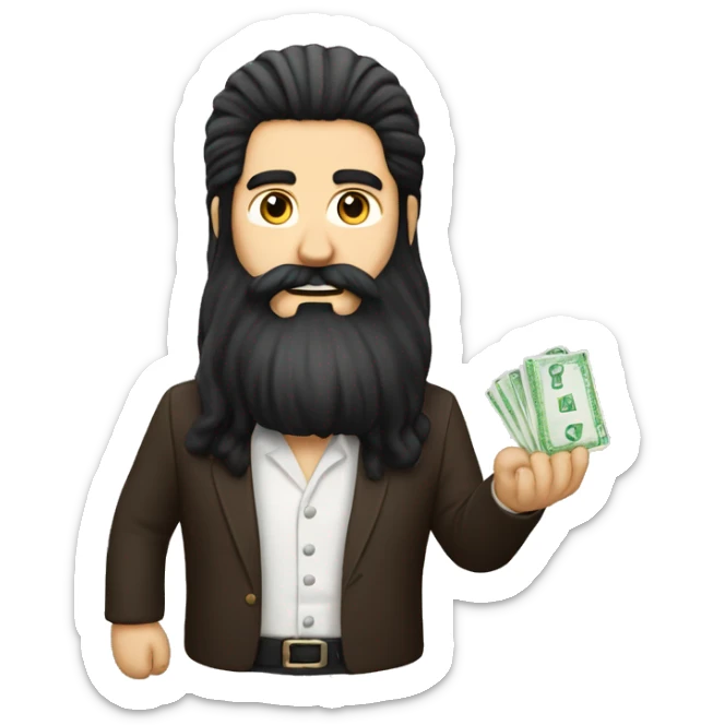 The guy who is a dealer has a card in his hand, has long black hair and a long beard  sticker