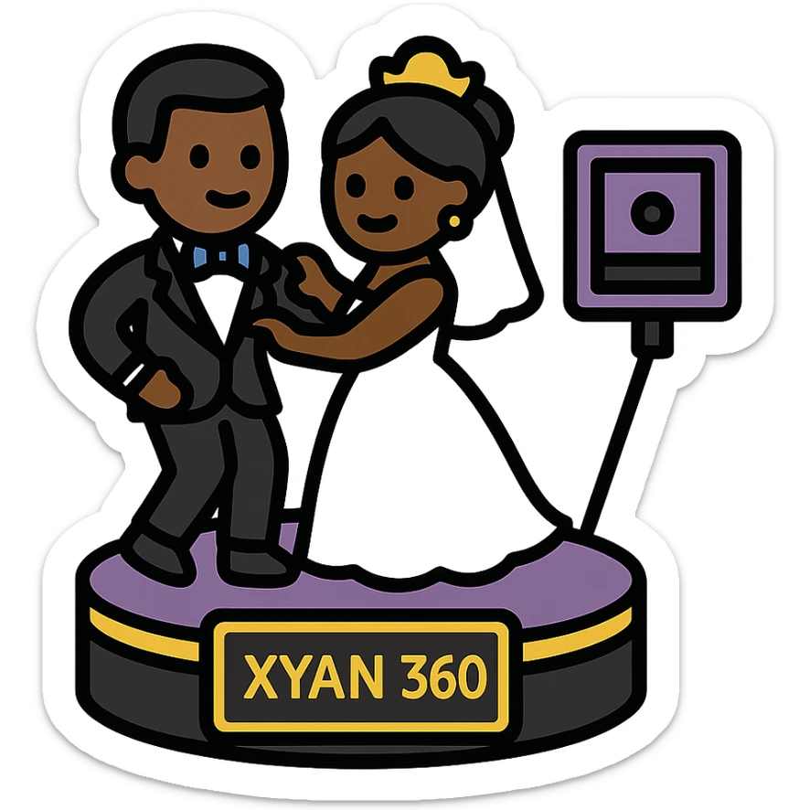 small simple icon of a Black bride and groom dancing on a 360 spin booth with an iPad as the camera for the booth, 'Xyan 360' signage, purple gold and black accents, luxury wedding event style sticker