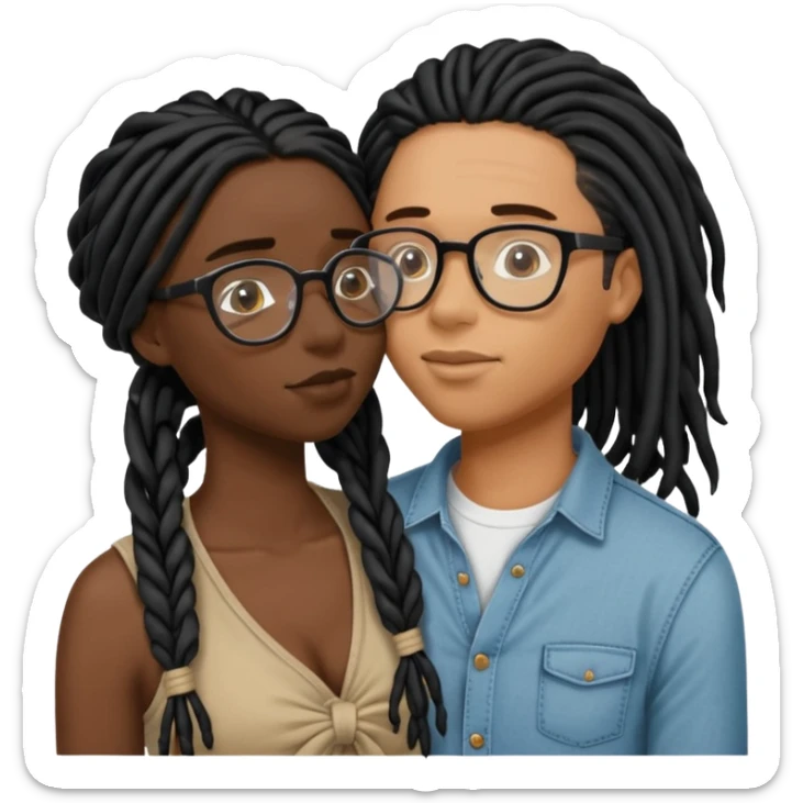 black couple with locs, dark skin with long jet black locs, light skin with glasses and BLACK locs tied up kissing sticker