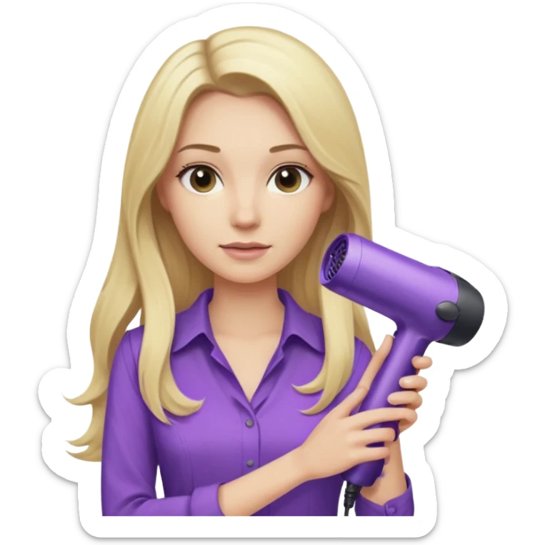 blonde woman with long hair, beige blouse, and purple Dyson hair dryer, iOS emoji style sticker