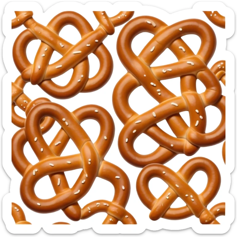 Cinematic Realistic Pretzels Dish Emoji, featuring freshly baked, twisted pretzels with a glossy, salted crust rendered with detailed textures and warm, appetizing lighting. sticker