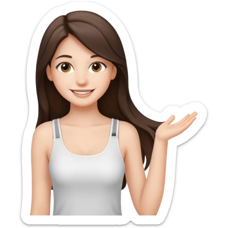 a pretty bratz fair girl with straight brunette long hair, middle partition. wearing a white thin strap trap tank top, smiling, wearing light makeup. very pretty. sticker