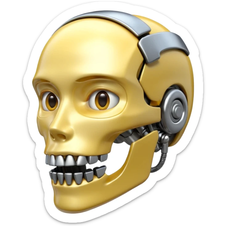 3D render of Steel Jaw, futuristic cyborg aesthetic, fusion of organic skin and chrome metal, brushed steel lower jaw attached to a pale skin face, emoji style, isolated on white background --v 6.0. sticker