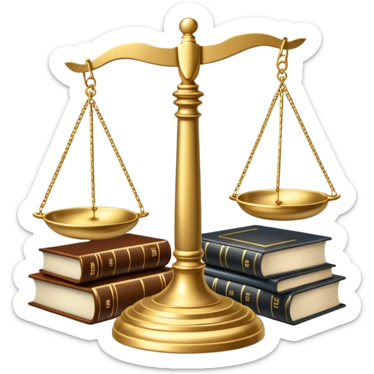 An icon featuring a gavel, scales of justice, and legal books, symbolizing law. The design includes a courthouse building in the background, representing the legal system and justice. Transparent background highlights the authority and structure of the law. sticker