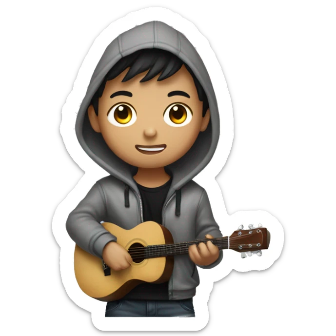 korean boy in unbuttoned grey hoodie jacket playing guitar with black t shirt inside sticker