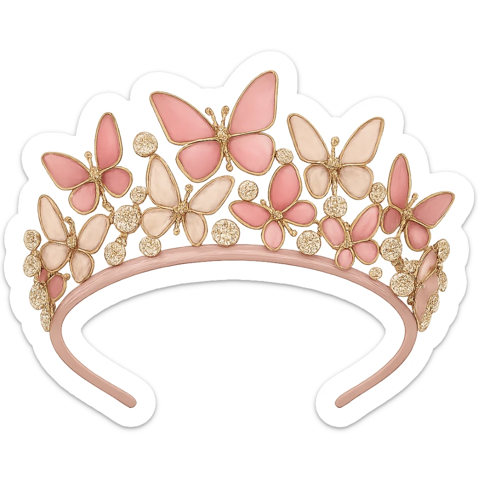 butterfly crown with a blush pink base, butterflies in rose and champagne enamel, sparkling gems, transparent background sticker