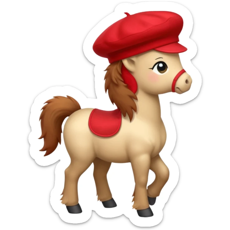 A cute pony (horse) emoji, full body, standing in side view, wearing a stylish red beret. sticker