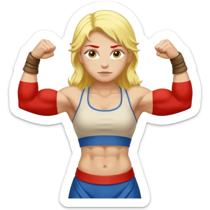 slavic girl, medium size yellow hair, flexing muscles, full body, muscled, with traditional slavic outfit sticker