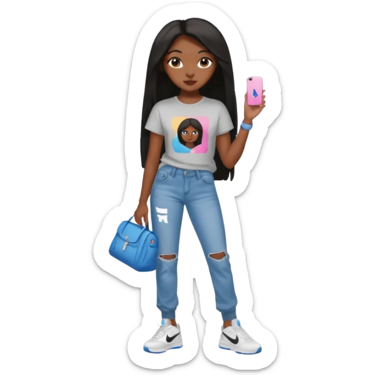 face girl with nails and cute make up black girl strait hair super long  top and slim body and baggy jeans and nike choes sticker
