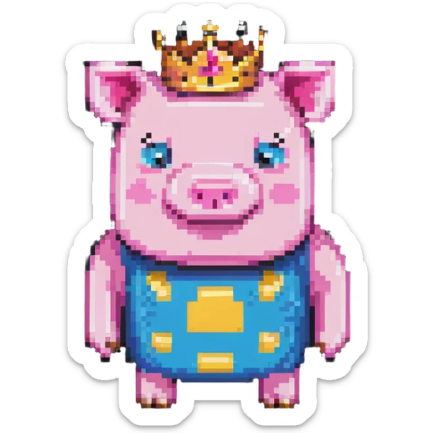 minecraft pig full body pink blocky animal square head square body wearing a crown sticker
