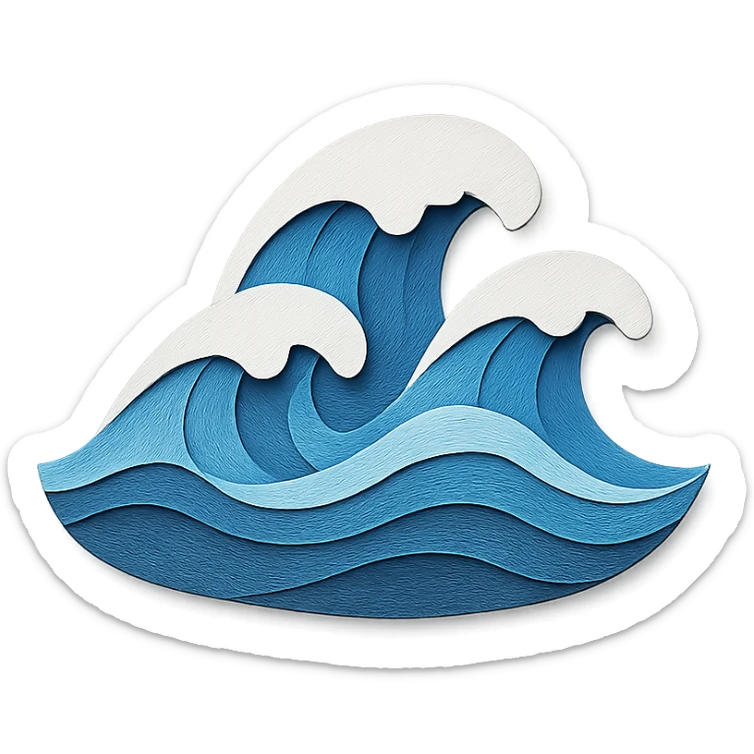 illustration of ocean waves made of layered blue paper with white foam accents in paper-craft style sticker