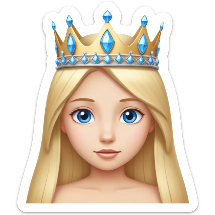Straight long blonde hair and blue eyes girl and princess crown sticker