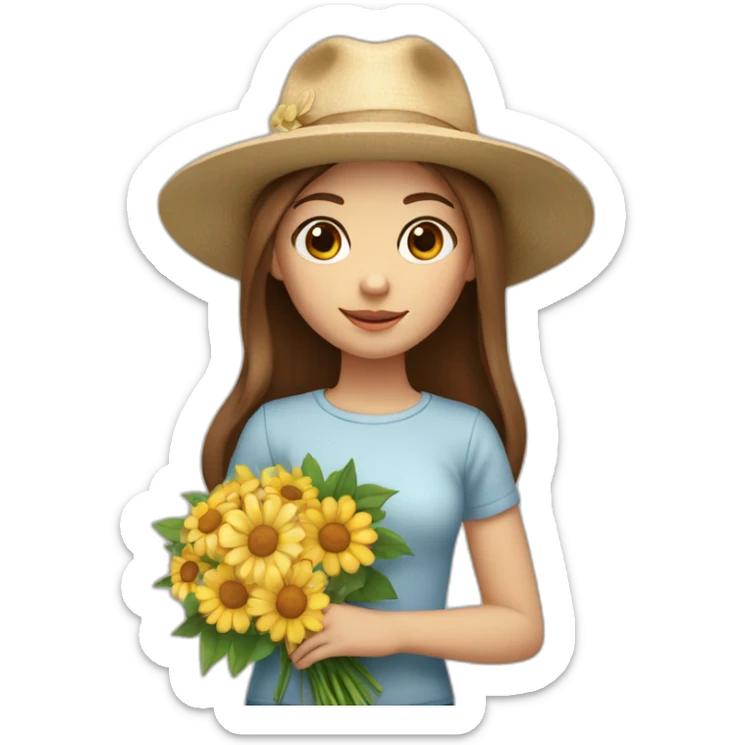 white skin, Girl with a hat, brown hair straight to the shoulders, holding a bouquet of flowers sticker