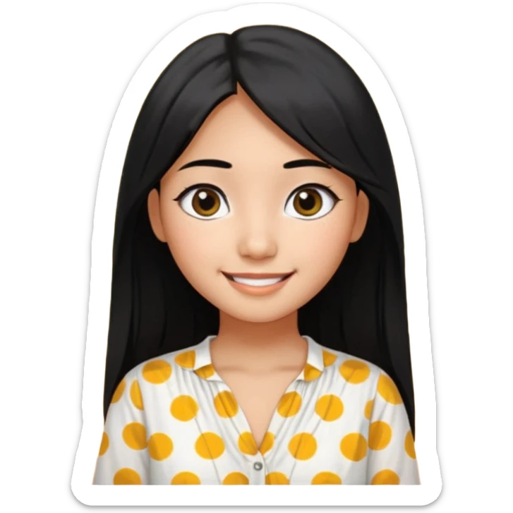 20 yr old asian woman hair white blouse with black dots center part big eyes big smile tanned skin straight black hair hippie part hair  sticker