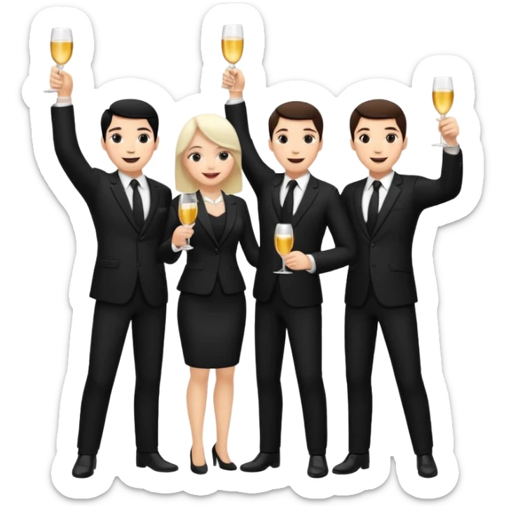 Un equipo de venta con trajes negros, personas blancas solo 3 celebrando un logro con un brindis. El fondo negro totalmente  sticker