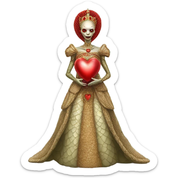 a Reptilian alien woman full body in Romanov dress, holding big red heart sticker
